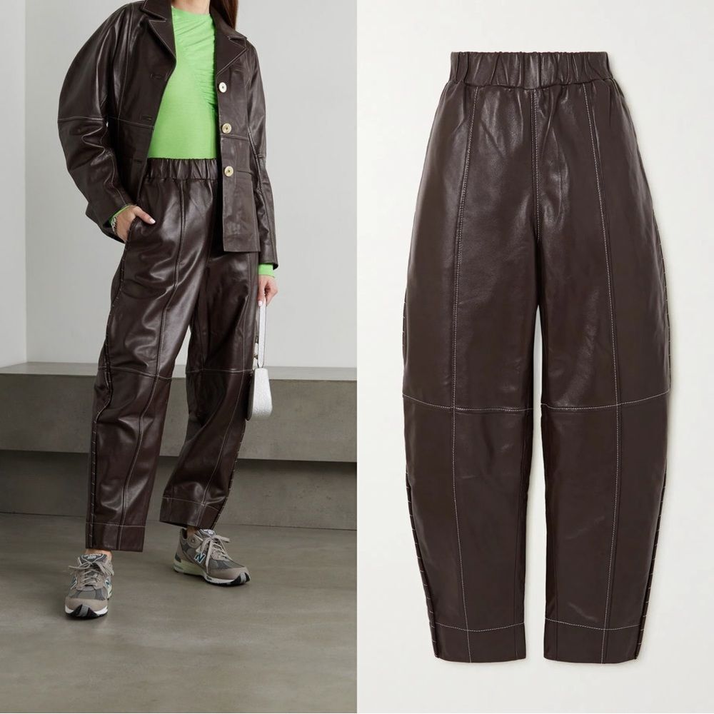 GANNI Tapered Barrel Leg Pants in brown lamb leather
